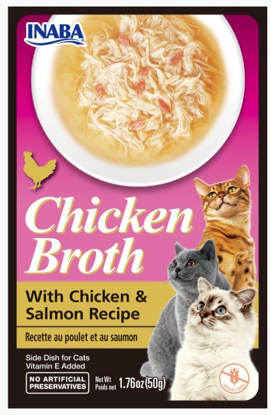Inaba Chicken Broth with Chicken and Salmon Recipe Side Dish for Cats image 0