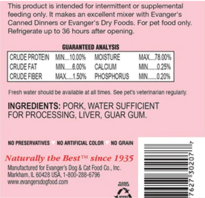 Evanger's Grain-Free Pork Canned Cat and Dog Food - 12.8 Oz - Case of 12 image 1