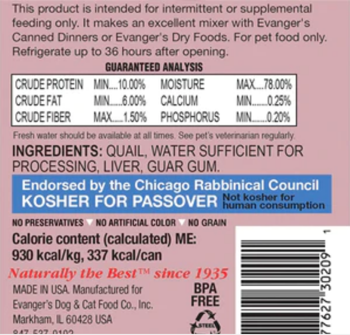 Evanger's Grain-Free Quail Canned Cat and Dog Food - 12.8 Oz - Case of 12 image 1