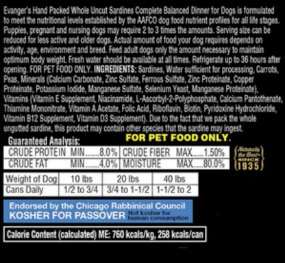 Evanger's Super Premium Whole Uncut Sardine Dinner Canned Dog Food-12 Oz-12 Pack image 1
