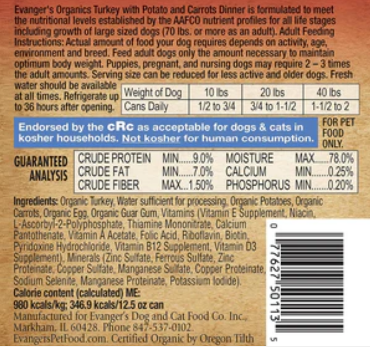 Evanger's Organics Turkey with Potato & Carrots Dinner Canned Dog Food - 12.8 Oz image 1