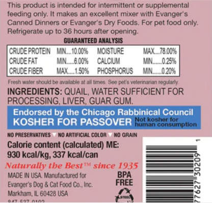 Evanger's Grain-Free Quail Canned Cat and Dog Food - 12.8 Oz - Case of 12 image 1