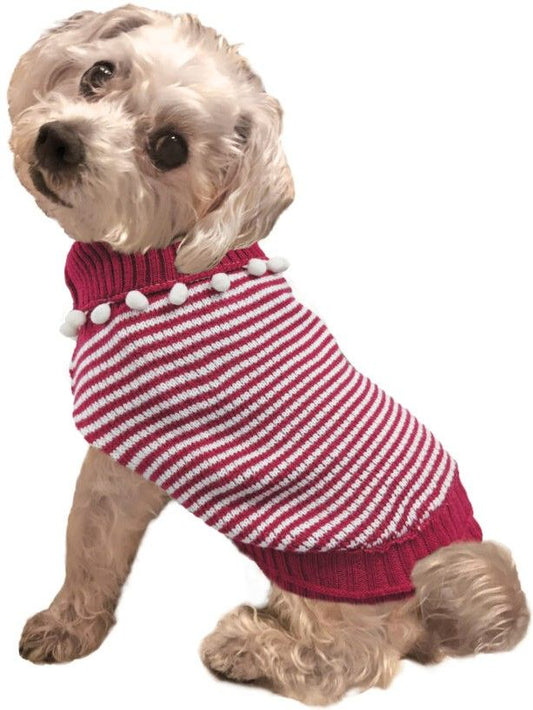 Fashion Pet Pom Pom Stripe Dog Sweater Raspberry image 0